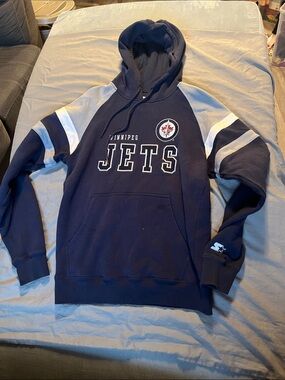 Winnipeg Jets Mens SMALL Navy, Grey Hooded Sweatshirt. 20" PTP 🏒
